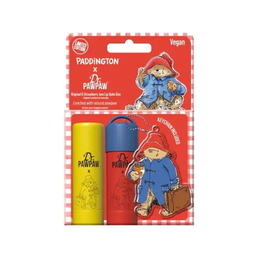 Set Dr. PawPaw: Paddington Bear Original Balm, Vegan, Lip Balm, 4 g + Strawberry Jam, Hydrating, Lip Balm, 4 g + Paddington Bear, Metal Keyring
