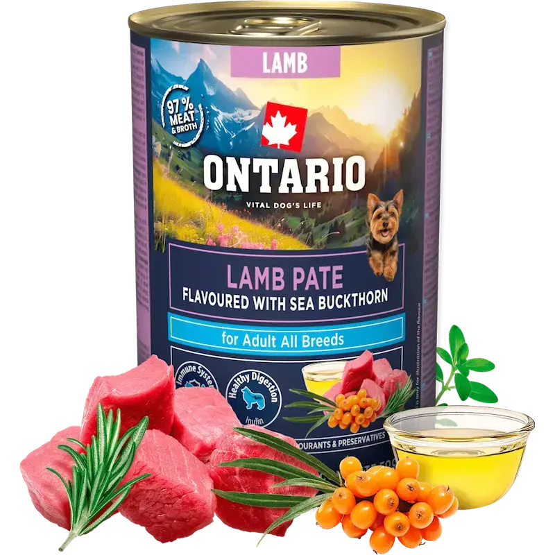 Konservi suņiem - Ontario Adult Lamb Pate with Sea Buckthorn Flavor 400g