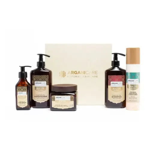Set Arganicare: Ricin, Hair Shampoo, For Growth Stimulation, 400 ml + Honey, Hair Serum, Hydrating & Strengthening, 100 ml + Ricin, Hair Conditioner, For Growth Stimulation, 400 ml + Ricin, Hair Treatment Cream Mask, For Growth Stimulation, 500 ml + Ricin, Hair Spray Treatment, Anti-Frizz, 250 ml