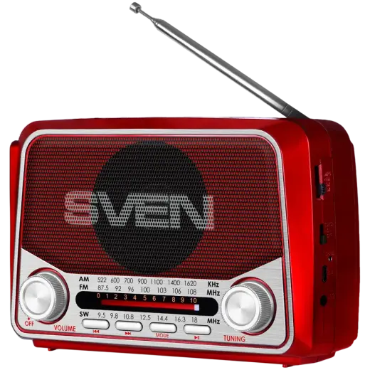 Speaker SVEN SRP-150, red (3W, Bluetooth, FM/AM/SW, USB, microSD, flashlight, battery)