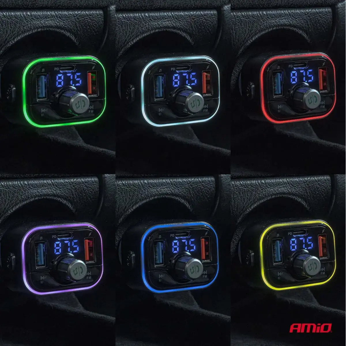 Car FM Transmitter 1×USB-C microSD 12V 24V AMIO-04652