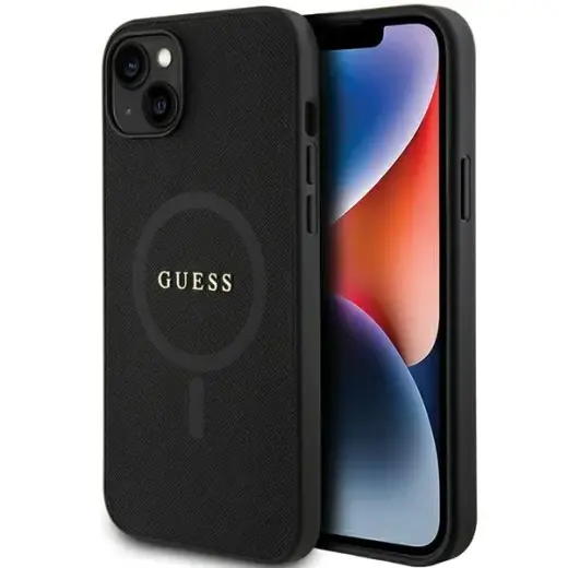 Guess GUHMP15SPSAHMCK Saffiano phone case with MagSafe support for iPhone 15 black