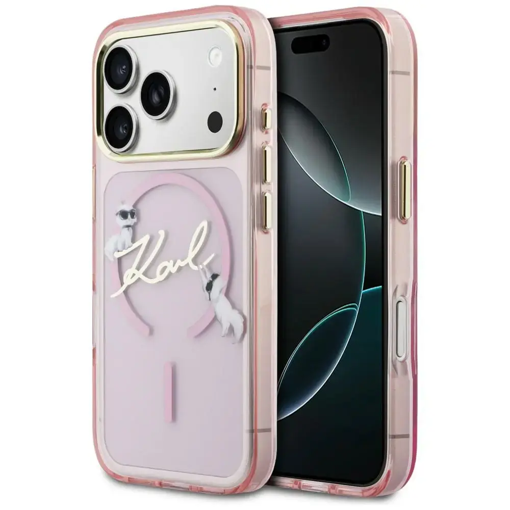 Karl Lagerfeld IML Choupettes Karl Script Logo maciņš ar MagSafe atbalstu telefonam iPhone 17 Pro rozā