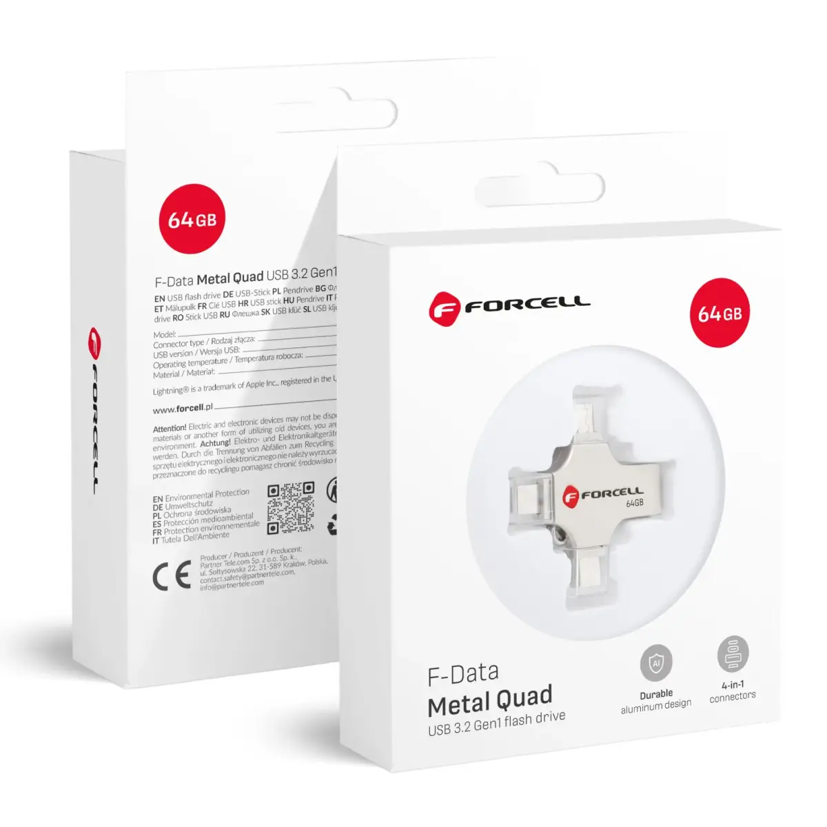 Pendrive 64GB USB 3.2 Gen 1 (USB A / USB C / Lightning / Micro USB) Forcell F-Data Metal Quad silver
