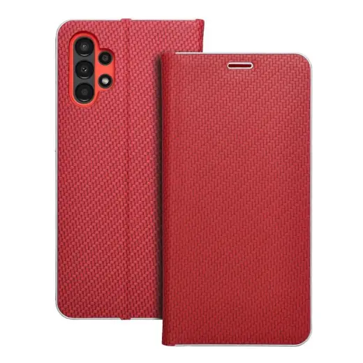 LUNA Book Carbon knyginio tipo telefono dėklas Samsung Galaxy A13 4G (A135) raudonas