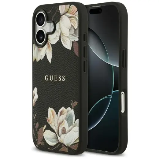 Etui Guess Grained Flowers Classic Logo   MagSafe do iPhone 17 czarny