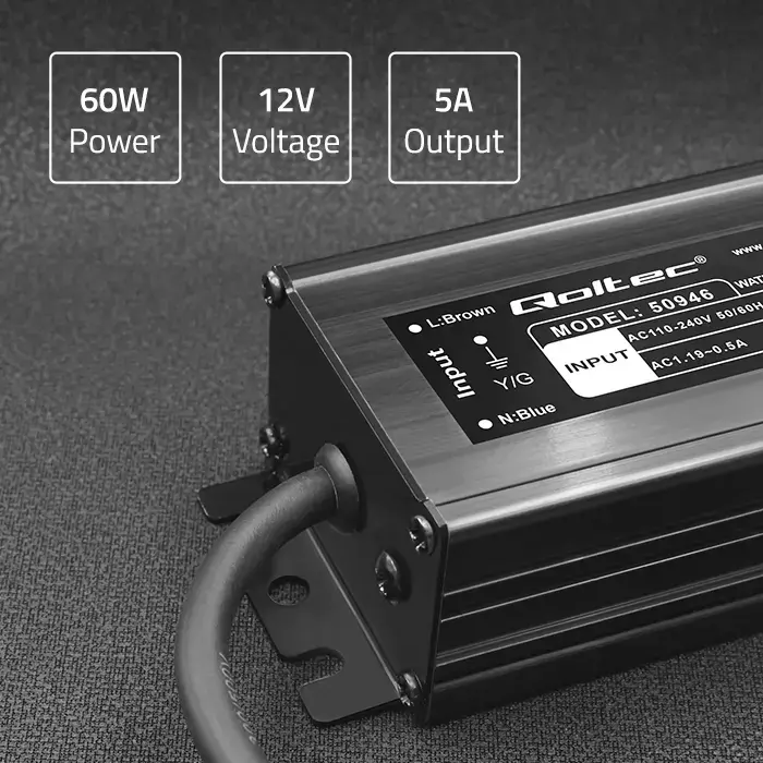 Qoltec LED Driver IP67 60W | 12V | 5A | Waterproof | Black