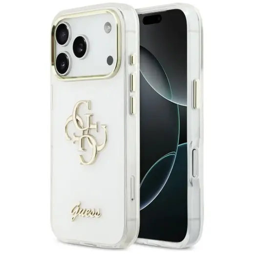 Guess IML 4G Script Metal telefoni ümbris iPhone 17 Pro valge