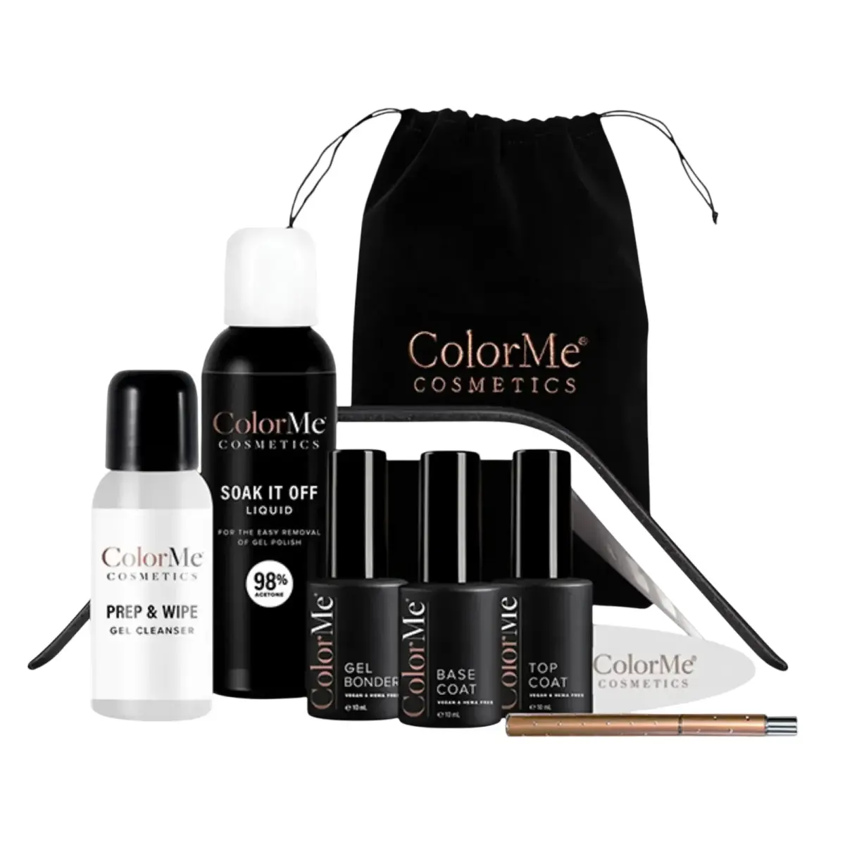 Set ColorMe Cosmetics: Soak It Off, Nail Polish Remover, 100 ml + ColorMe, Gel, Semi-Permanent Nail Polish, 10 ml + ColorMe, Base Coat, Semi-Permanent Nail Polish, 10 ml + ColorMe, Top Coat, Semi-Permanent Nail Polish, 10 ml + ColorMe, Nail Led Lamp, Black + Prep & Wipe, Nail Polish Remover, 50 ml + ColorMe, Cuticle Pusher