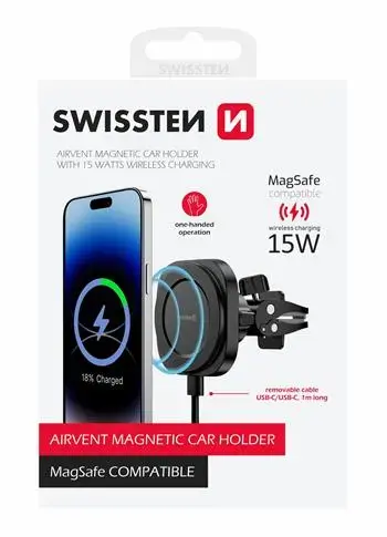 Swissten Magstick Auto Turētājs ar Bezvadu Lādētāju 15W