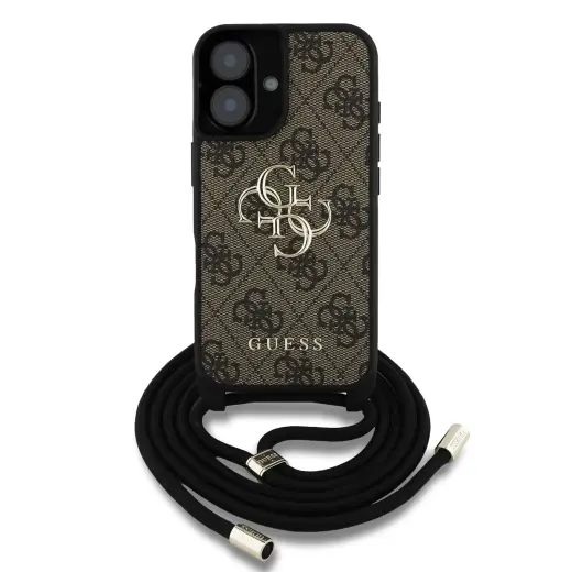 Guess PU 4G Metal Logo Crossbody Strap Case for iPhone 16 Brown