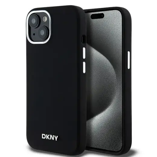 DKNY DKHMP15SSMCHLK Liquid Silicone Small Metal Logo maciņš ar MagSafe atbalstu telefonam iPhone 15 | iPhone 14 | iPhone 13 melns
