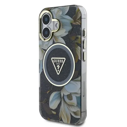 Guess IML Glitter Magnolia and Triangle Logo MagSafe Case for iPhone 16 Black