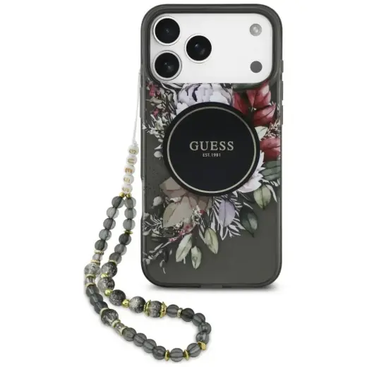 Case Guess IML Flowers Pearl Strap MagSafe for iPhone 18 Pro Max / 17 Pro Max black