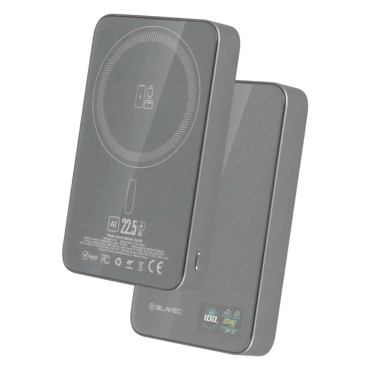 Blavec BJ-04 Slim 13,5mm ārējais akumulators (powerbank) | 10000 mAh | 22.5W | USB-C, MagSafe | LED ekrāns | pelēks
