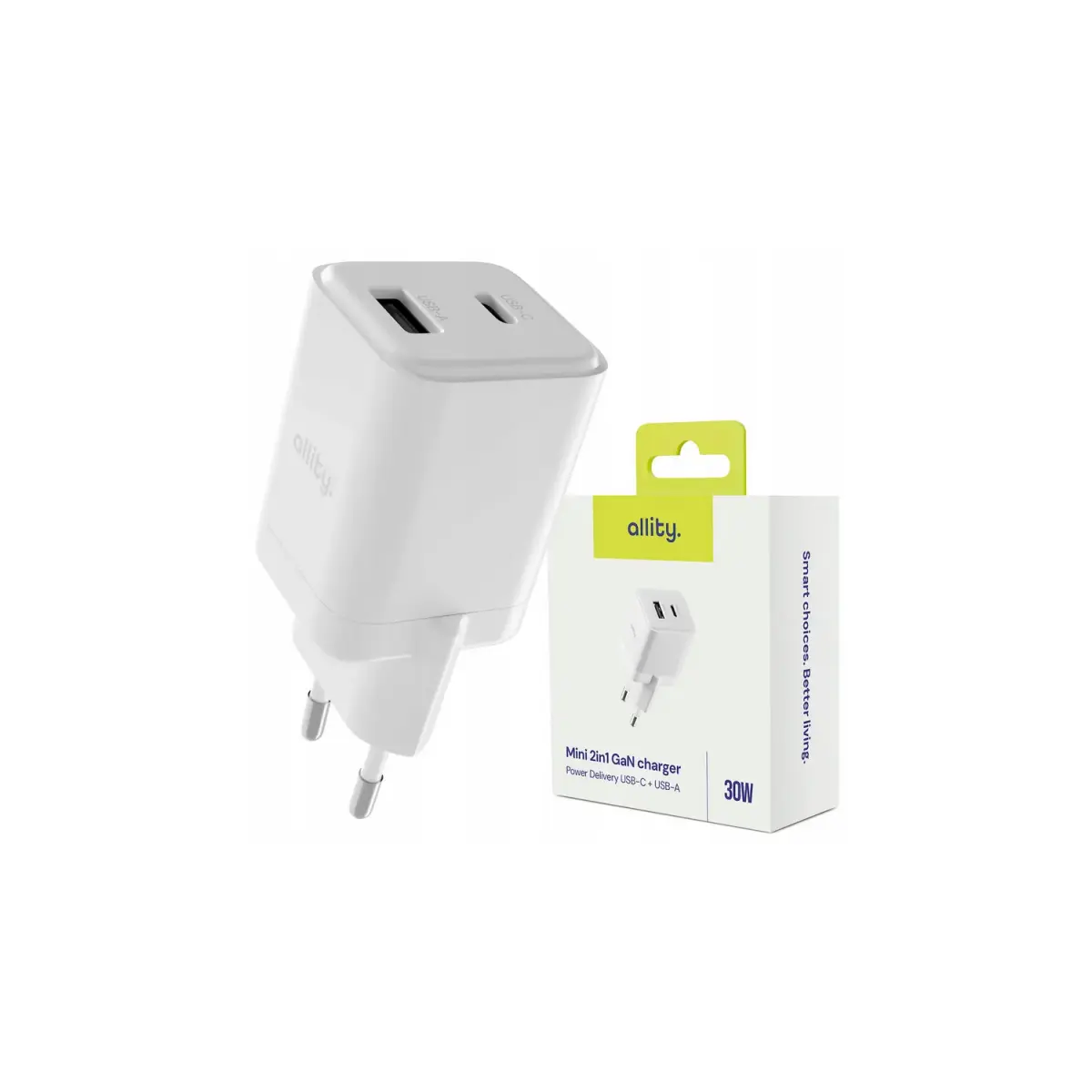 Allity wall charger GaN PD QC ATC-01-30WAC 1x USB-C 1x USB-A 30W white