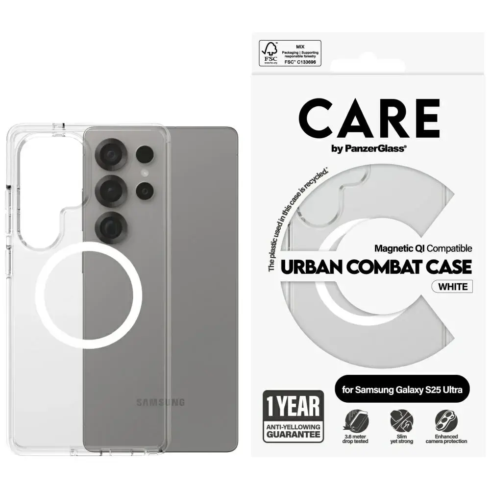 Etui CARE by PanzerGlass Flagship Urban   Combat QI do Samsung Galaxy S25 Ultra przezroczysty-biały