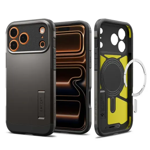 Spigen Tough Armor "T" phone case with stand and MagSafe support for Apple iPhone 17 Pro gray