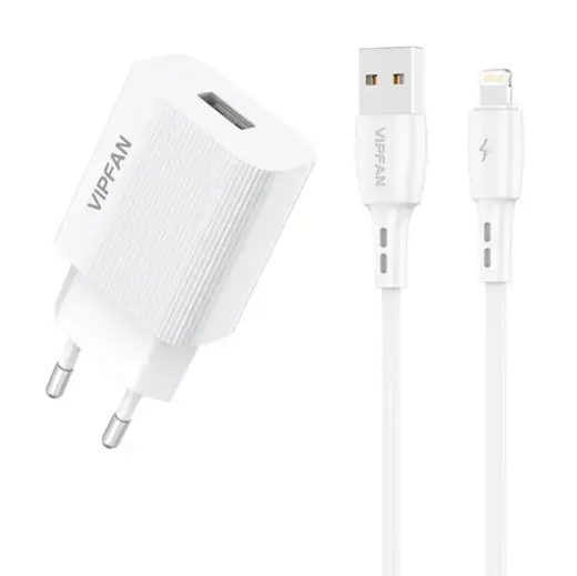 Network charger Vipfan E01, 1x USB, 2.4A + Lightning cable (white)