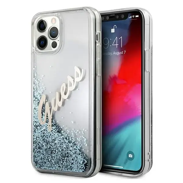 Guess GUHCP12MGLVSBL iPhone 12|12 Pro 6,1" niebieski|blue hardcase Glitter Vintage Script