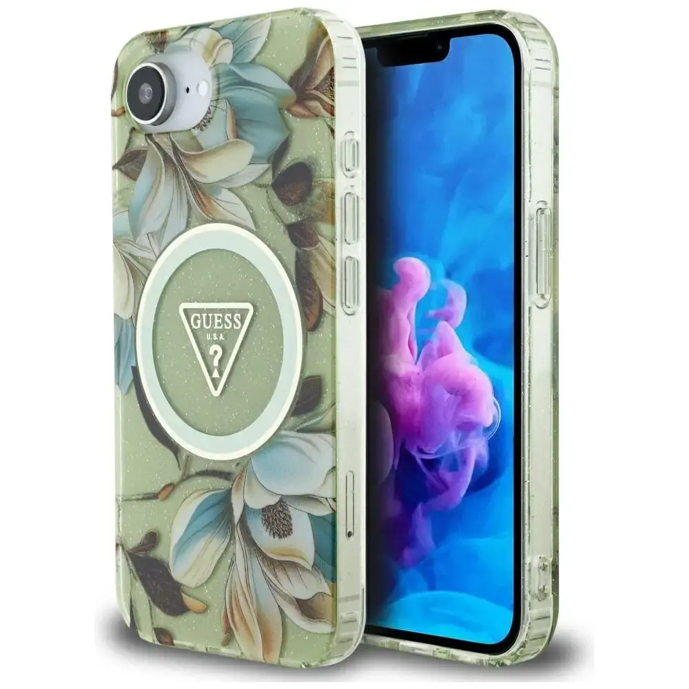 Guess IML Metāla Ziedu Glitter Trijstūris MagSafe telefona maciņš iPhone 16e zaļš