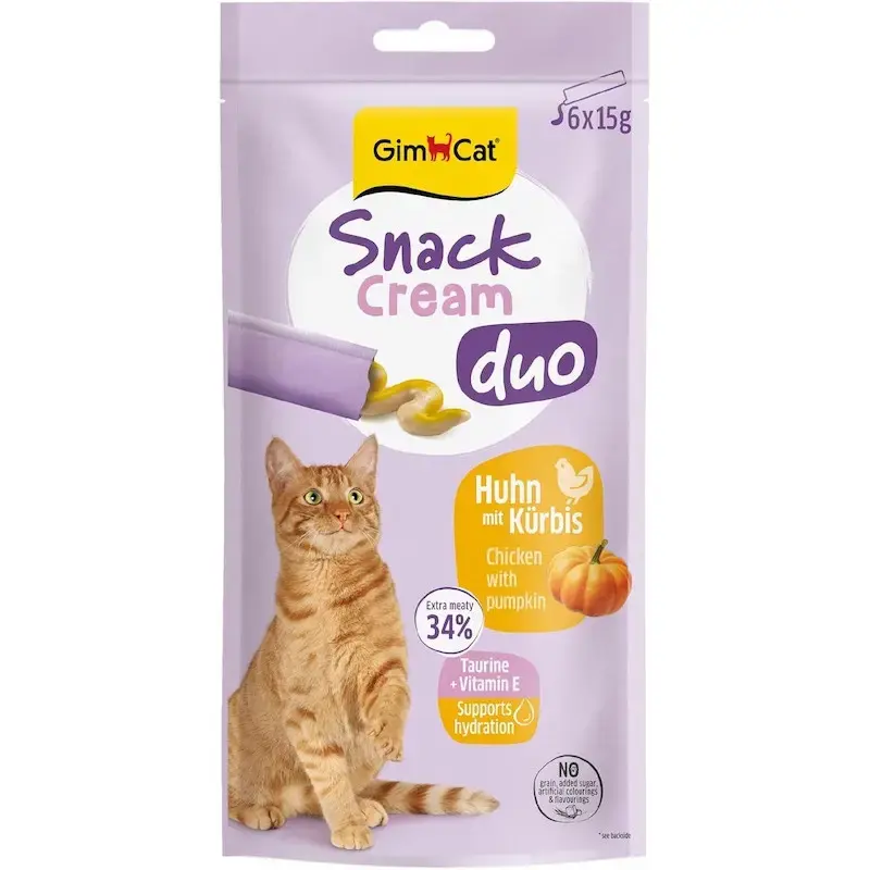Gardumi kaķiem - GimCat SNACK CREAM DUO CHICKEN & PUMPKIN 6 X 15 G