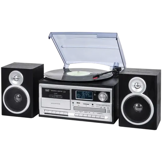 Stereo Turntable System with DAB / DAB + Digital Receiver, Three-speed turntable 33 / 45 / 78 rpm, File reader on USB / SD Card, Cassette player/recorder with hitchhiking, Wireless function, Aux-in input, Headphone jack, Black colour