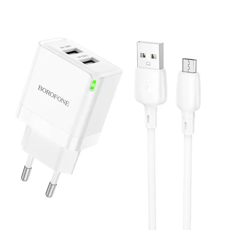 Borofone Wall charger BN15 Strong - 2xUSB - 2,1A with USB to Micro USB cable white (damaged packaging)
