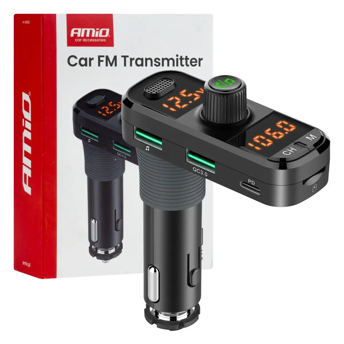 Car FM Transmitter 2×USB-A 1×USB-C mircoSD 12V 24V AMIO-04653
