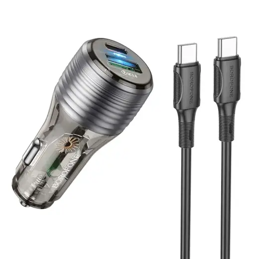 Borofone Car charger BZ30 Absolute - USB + Type C - QC 3.0 PD 30W 3A with Type C to Type C cable transparent-black