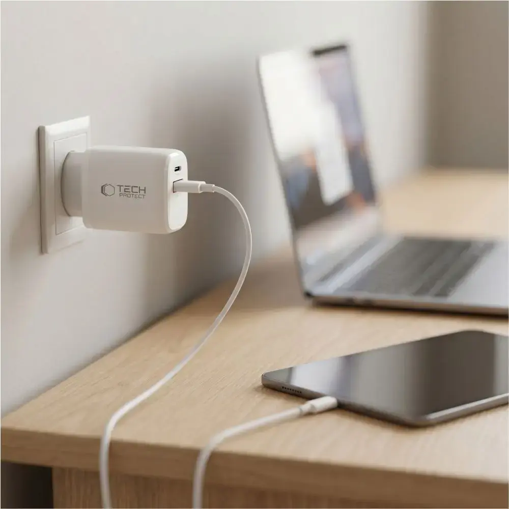 Tech-Protect NCA65W-GAN tīkla lādētājs | 65W | PD, QC, GaN | USB-C, USB-A | balts
