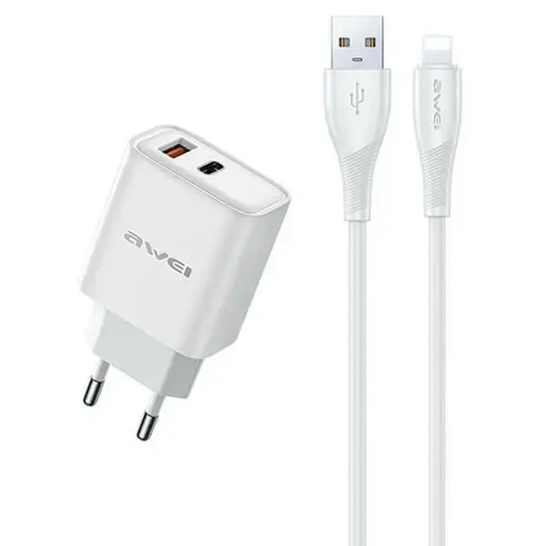 AWEI PD81L-EU tīkla lādētājs | 22.5W | GaN | USB-A, Lightning | Lightning vads komplektā | balts