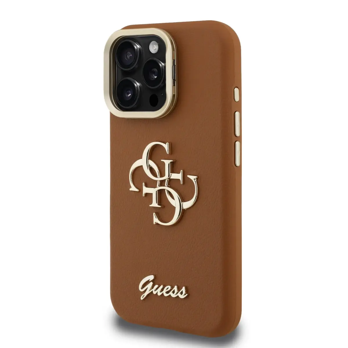 Guess PU Grained 4G Logo Stand Camera Frame telefona maciņš priekš iPhone 16 Pro brūns