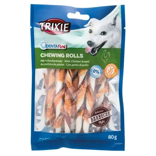 Gardums suņiem : Trixie Denta Fun barbecue chewing rolls, chicken, 12 cm, 10 gab|80 g.