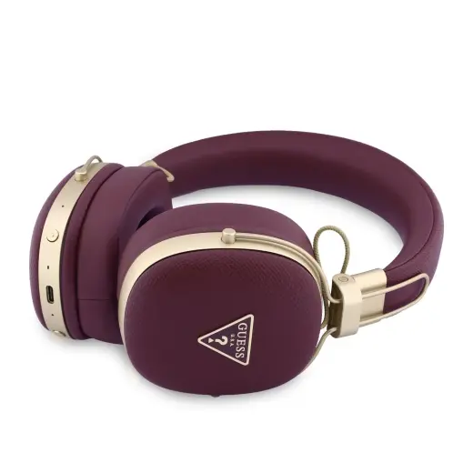Guess PU Grained Triangle Gold Metal Logo ENC Wireless Headphone Burgundy