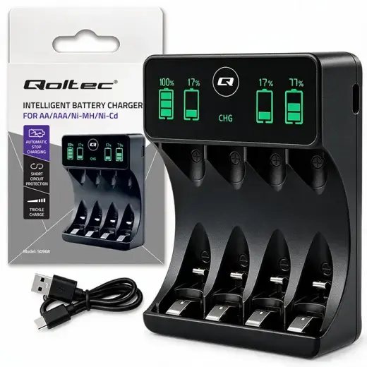 Qoltec Battery Charger for Ni-MH type R03 AAA R6 AA | LCD | USB-C cable | Black