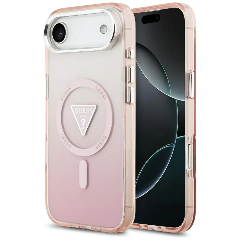 Guess IML Gradient With Print Triangle Logo & Silver Metal Camera Buttons telefono dėklas su MagSafe palaikymu iPhone 17 Air rožinis