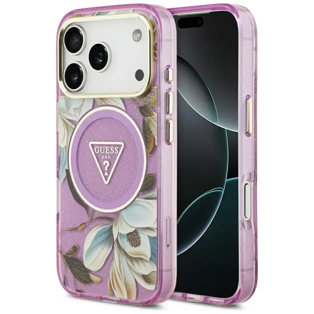 Guess IML Glitter Flowers Triangle MagSafe Case for iPhone 17 Pro - Purple