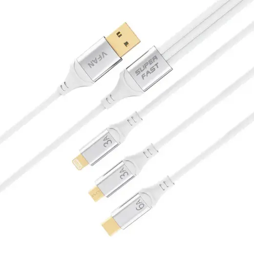 Vipfan X15 3-in-1 USB-C | Lightning | Micro 66W USB cable 1.2m, gold-plated (white)