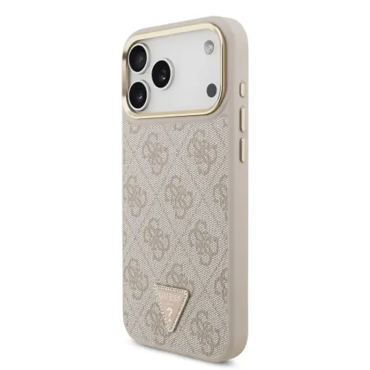 Guess 4G Strass Triangle Logo Gold Frame maciņš ar MagSafe atbalstu telefonam iPhone 18 Pro Max rozā
