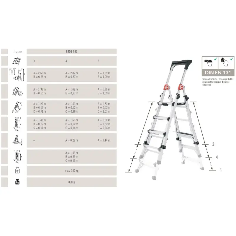 Kāpnes teleskopiskās Master TL100  / alumīnija / 3-5 pakāpieni