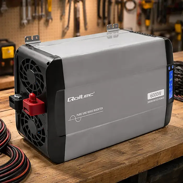 Qoltec Pure Sine Wave Inverter | 12V to 230V | 3000/6000W | LCD | USB | USC-C | Compatible with LiFePO4 GEL AGM