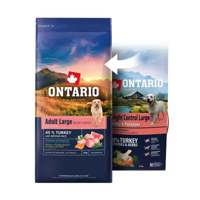 Barība suņiem – Ontario Large, Weight Control, Turkey and Brown Rice, 12 kg