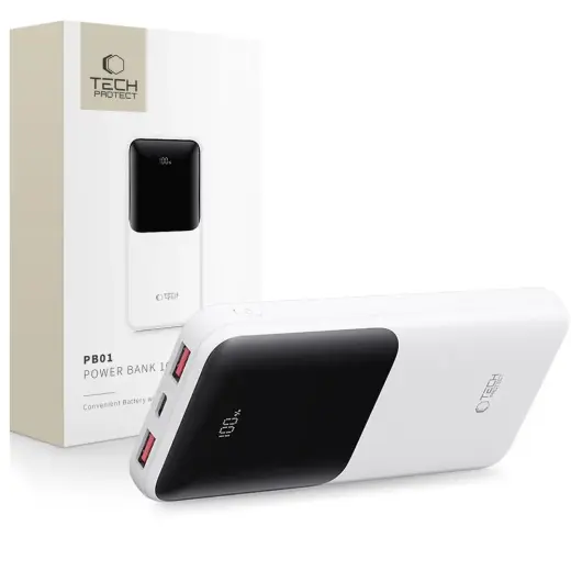 Tech-Protect PB01 ārējais akumulators (powerbank) | 10000 mAh | 22.5W | USB-A, USB-C | LED ekrāns | balts