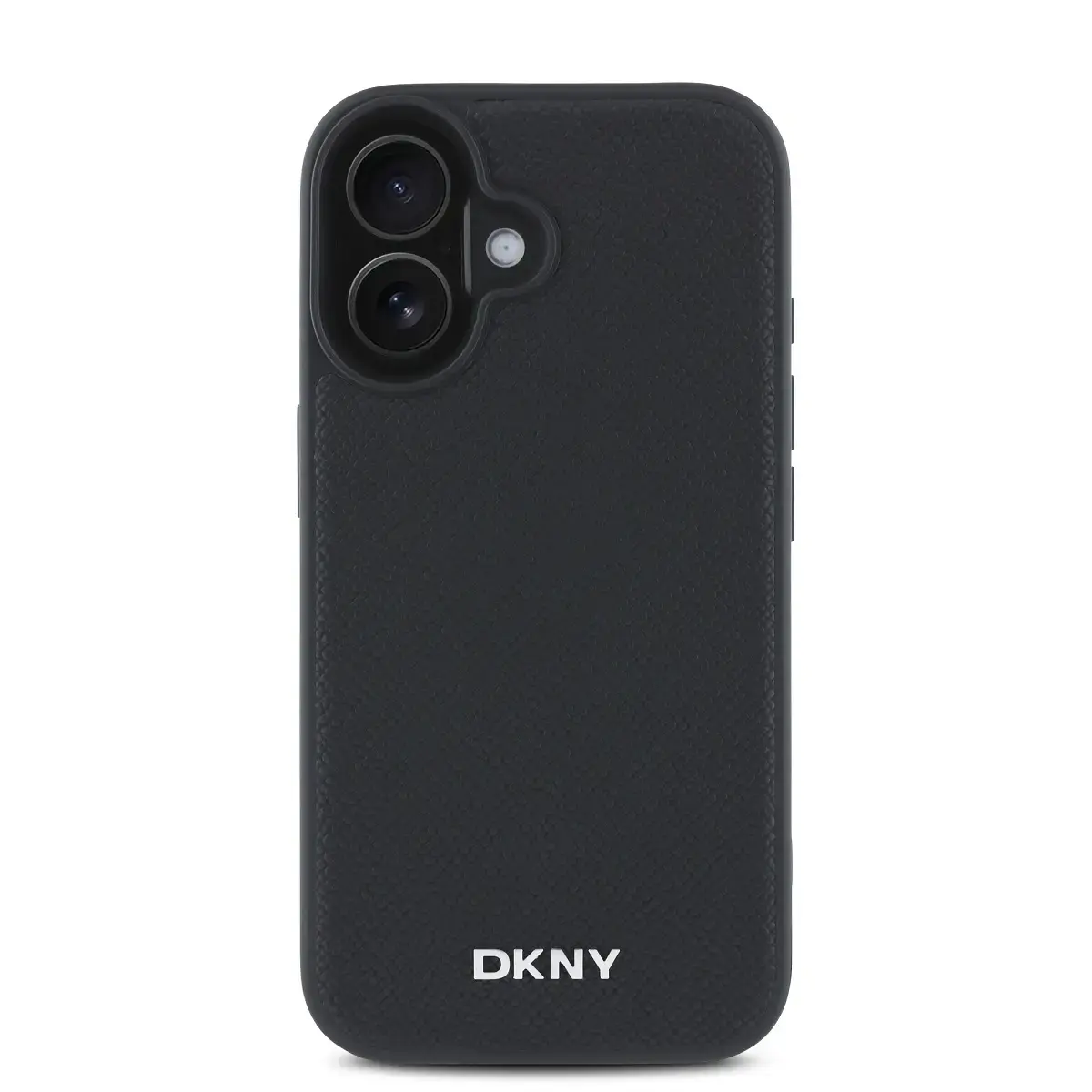 DKNY PU Leather Silver Metal Logo Magsafe Case for iPhone 16 Black