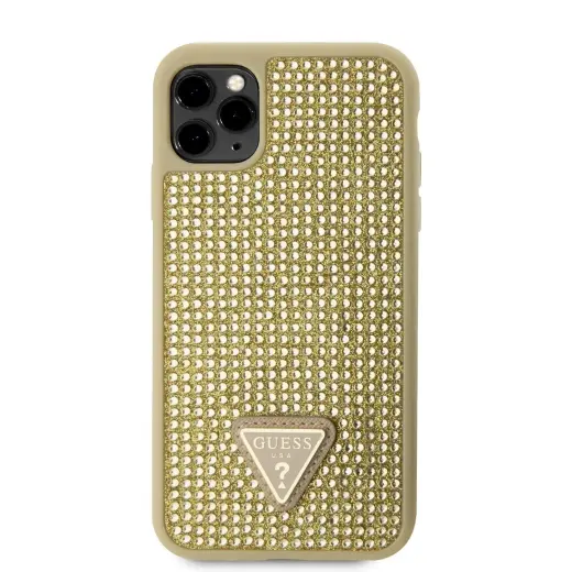 Guess Rhinestones Triangle Metal Logo Case for iPhone 11 Pro Gold