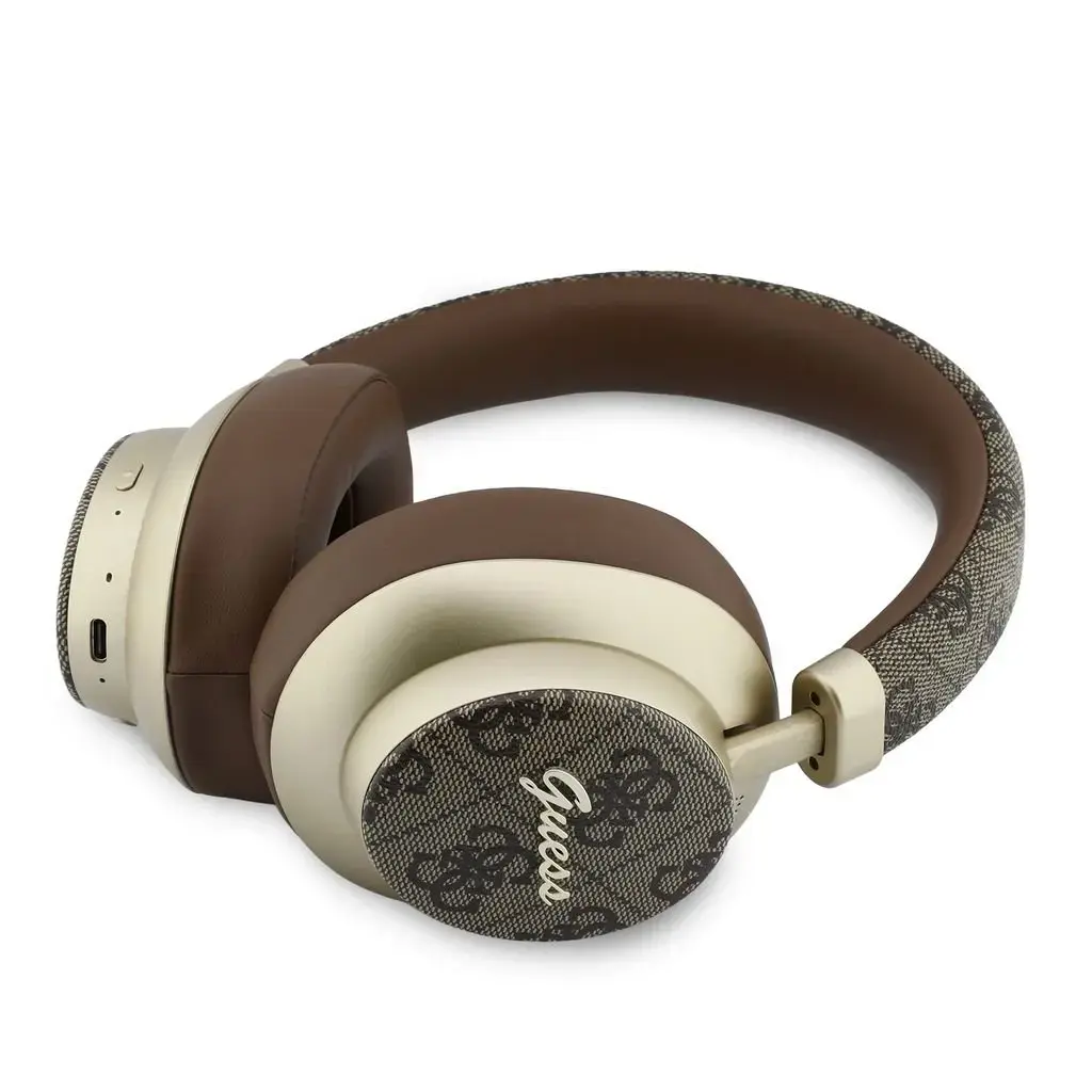 Guess PU 4G Gold Script Metal Logo ENC Wireless Earphones Brown