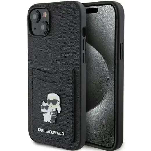 Karl Lagerfeld KLHCP15SSAPKCNPK iPhone 15 | 14 | 13 6.1" czarny|black hardcase Saffiano Cardslot Karl&Choupette Metal Pin