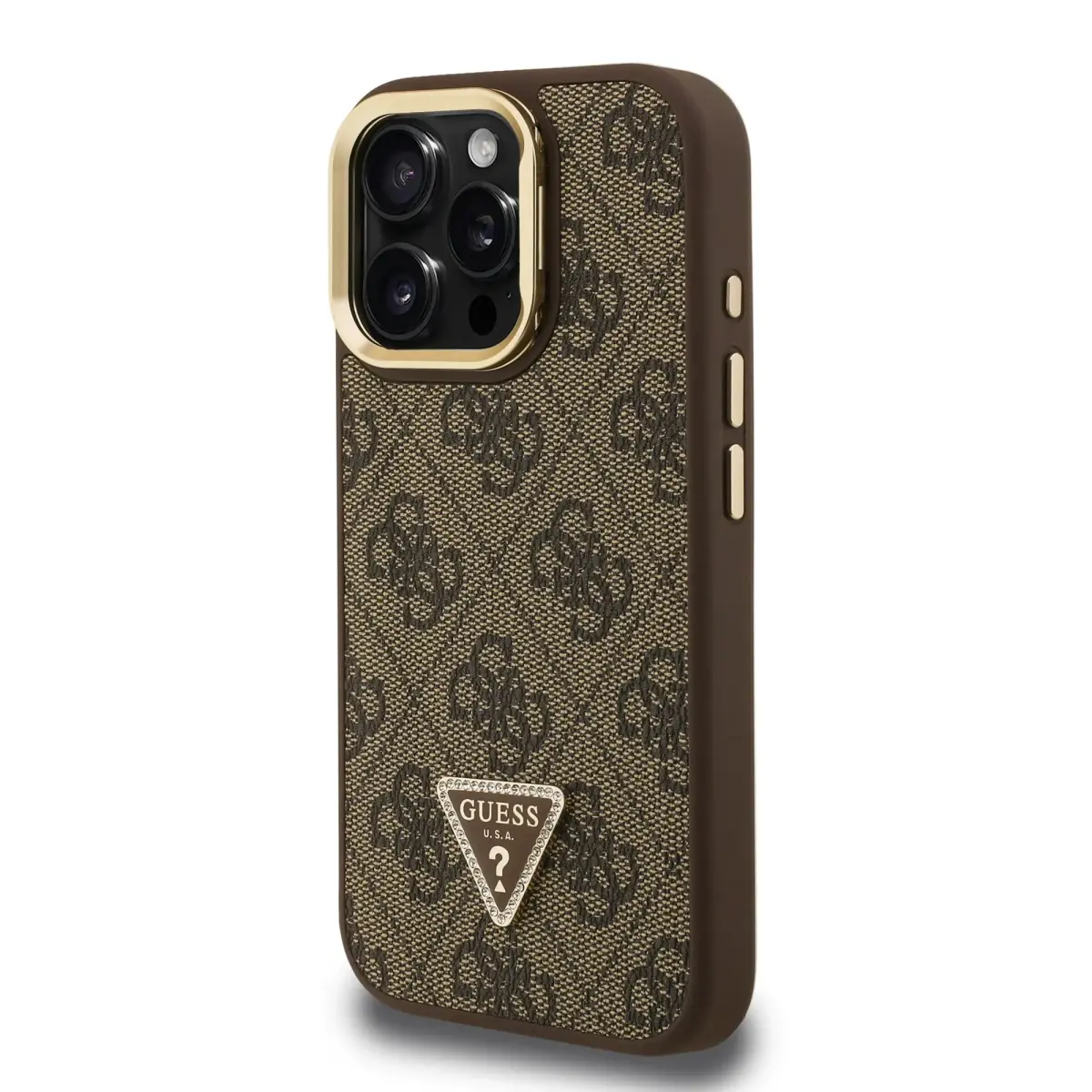 Guess PU 4G Strass Triangle Logo Stand Camera Frame MagSafe Case for iPhone 15 Pro Brown