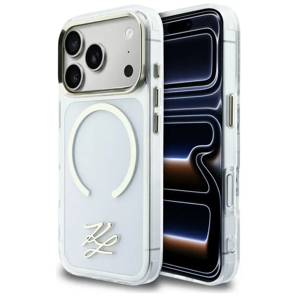 Karl Lagerfeld IML KL Script Logo telefoni ümbris MagSafe toega iPhone 17 Pro läbipaistev